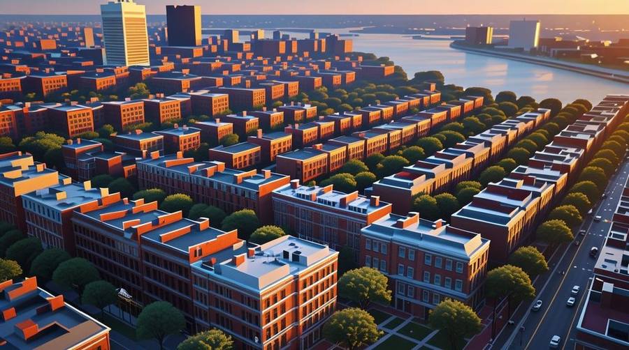 Aerial view of Boston Back Bay neighborhood with brownstone rows and Charles River at sunset