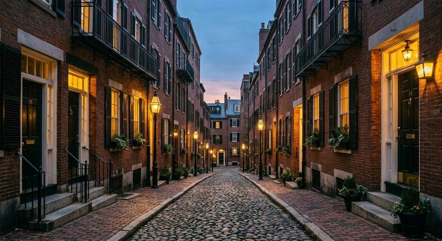 Cobblestone Acorn Street in Beacon Hill, Boston, with historic brick rowhouses and gas lanterns at dawn