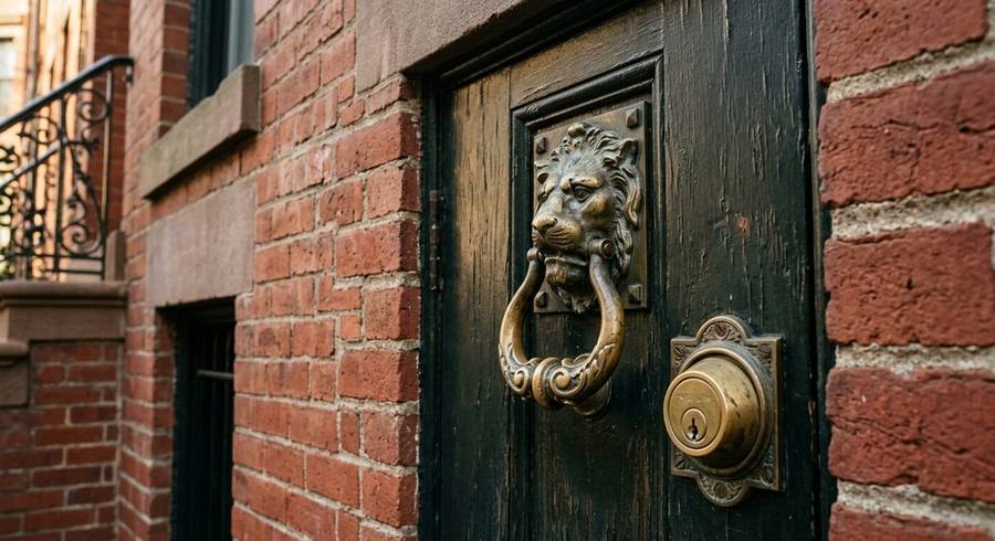 Ornate brass door knocker and deadbolt on a historic Boston brownstone, afternoon light on red brick