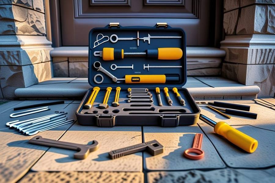 Professional locksmith toolkit including picks, tension wrenches, and key blanks on a stone doorstep