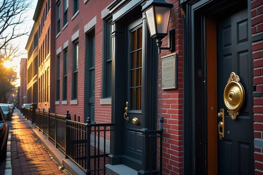Boston North End neighborhood narrow historic street with traditional iron door hardware and brick buildings