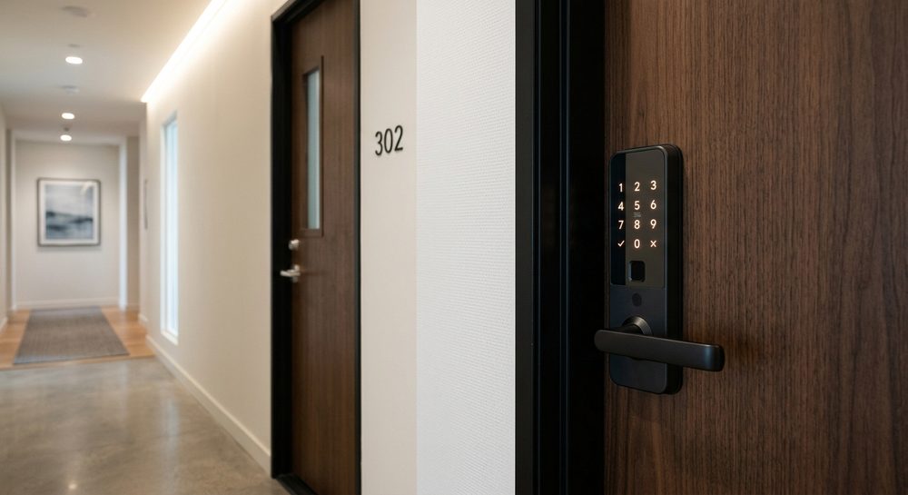 Modern smart keypad lock installed on a contemporary Boston apartment door