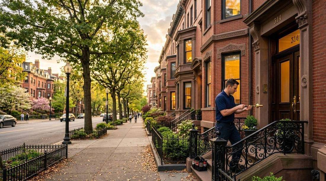 Locksmith technician approaching a historic Boston brownstone on Commonwealth Avenue at golden hour