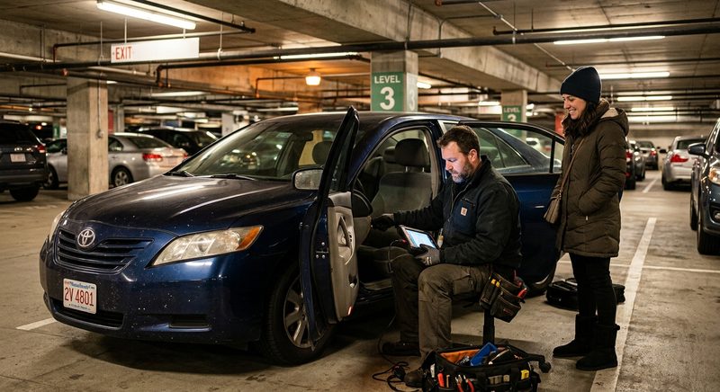 Auto locksmith using a key programmer device next to a sedan in a Boston parking garage