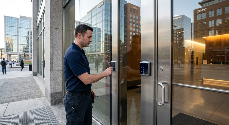 Locksmith installing access control on a commercial glass office door in Boston Seaport