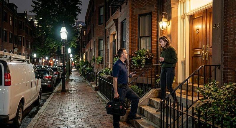 Locksmith technician arriving at a Boston brownstone at night during an emergency lockout