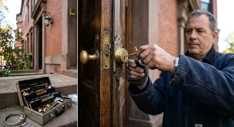 Locksmith technician working on a brass deadbolt lock at a Boston brownstone home