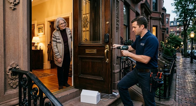 Smart keypad deadbolt installed on a Boston brownstone front door, homeowner approving